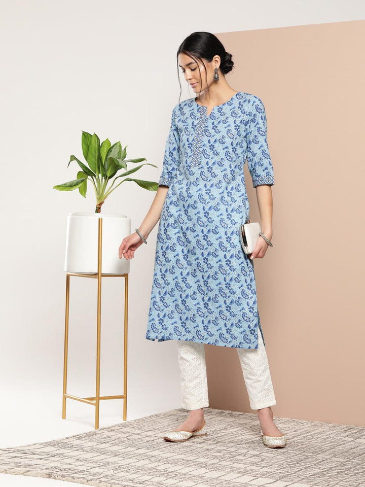 Blue Printed Cotton Straight Kurta