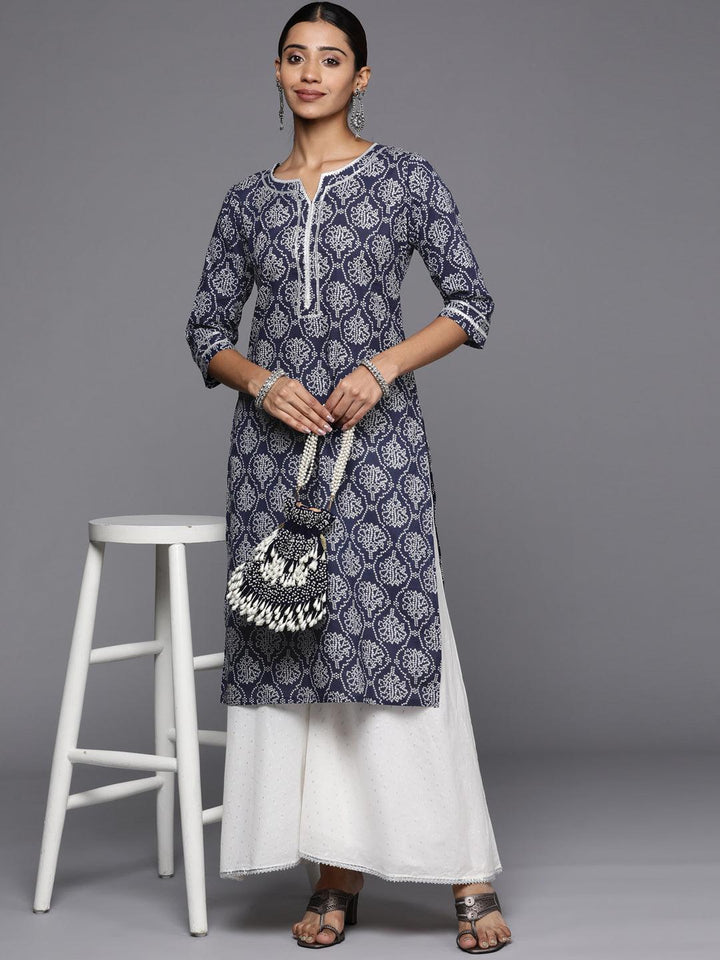 Blue Printed Cotton Straight Kurta