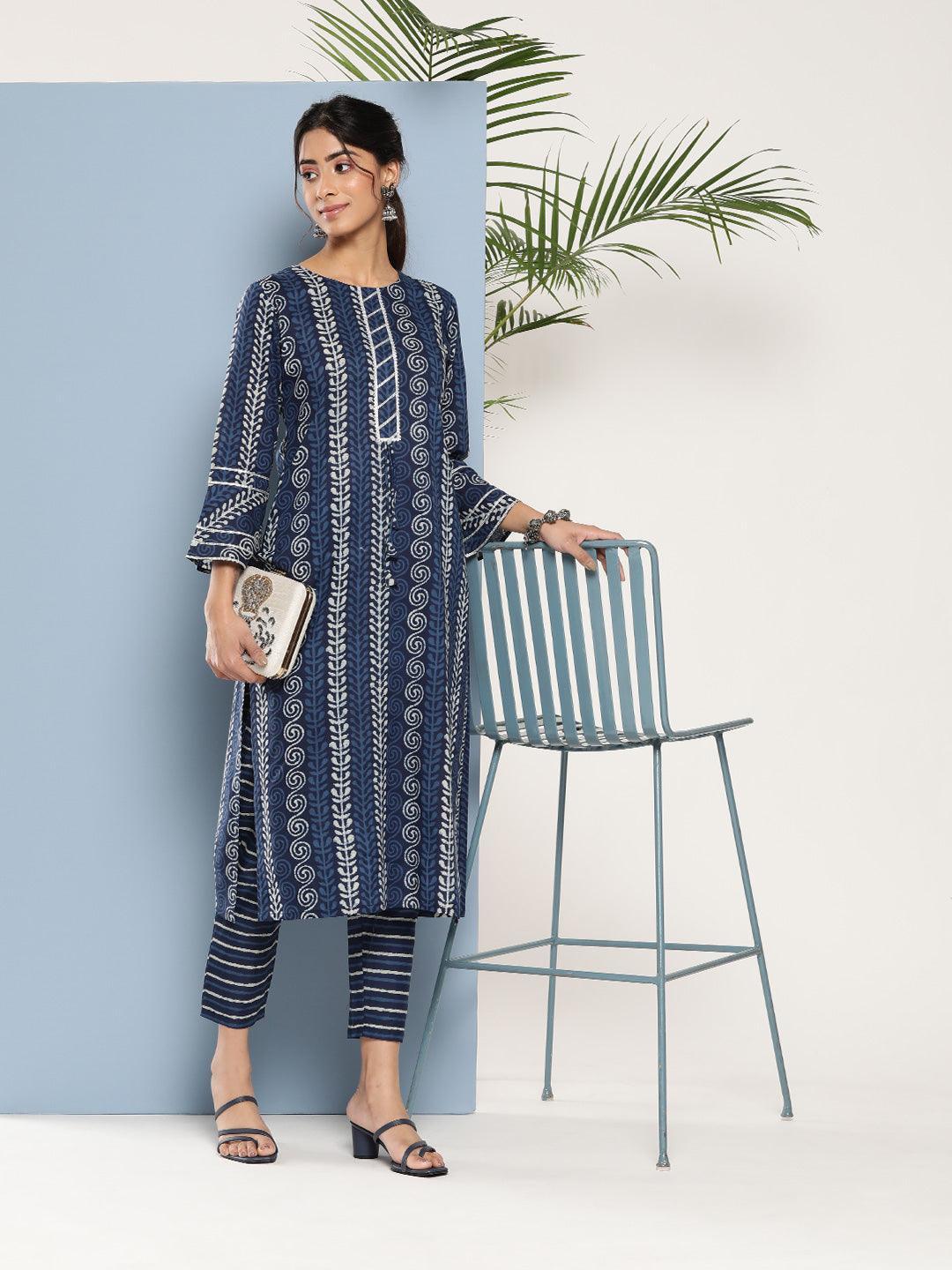 Blue Printed Cotton Straight Kurta - ShopLibas