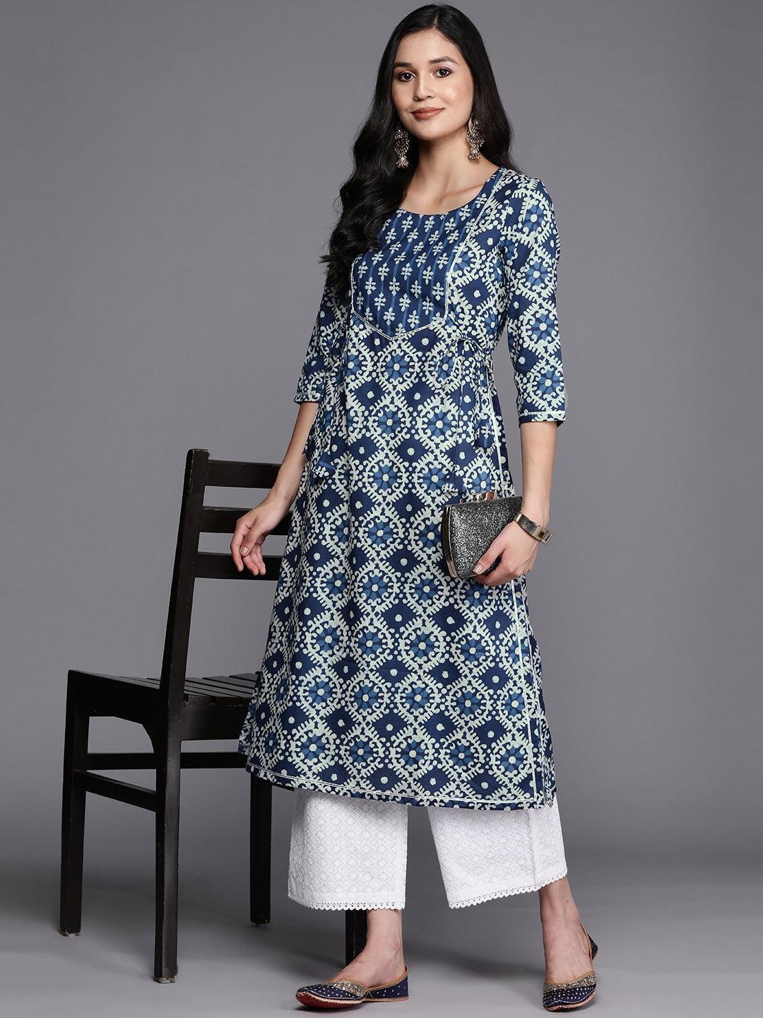 Blue Printed Cotton Straight Kurta - ShopLibas