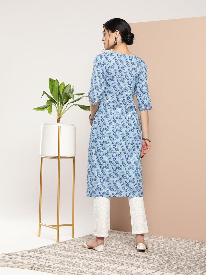 Blue Printed Cotton Straight Kurta