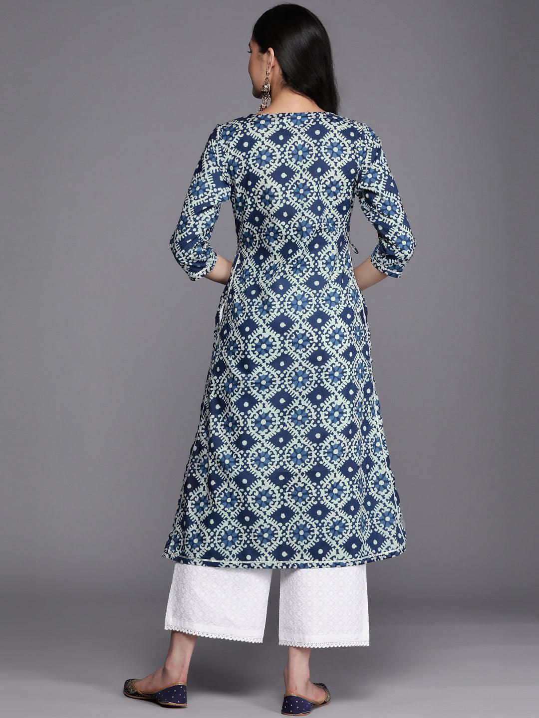 Blue Printed Cotton Straight Kurta - ShopLibas