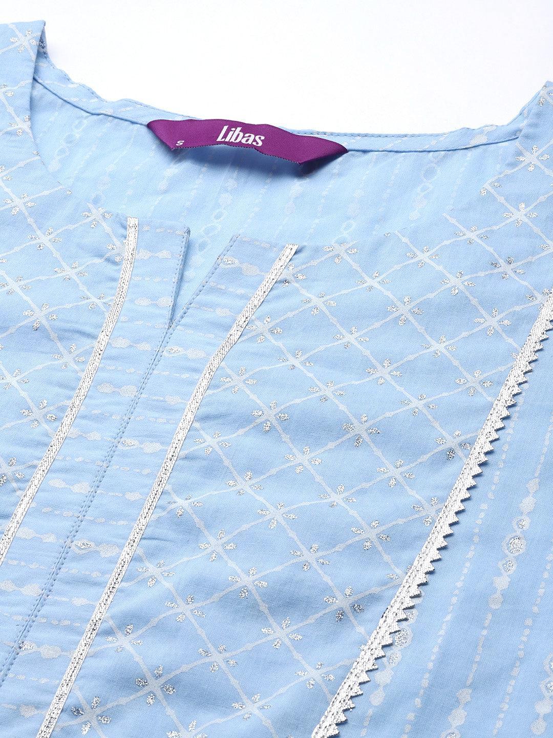 Blue Printed Cotton Straight Kurta - ShopLibas