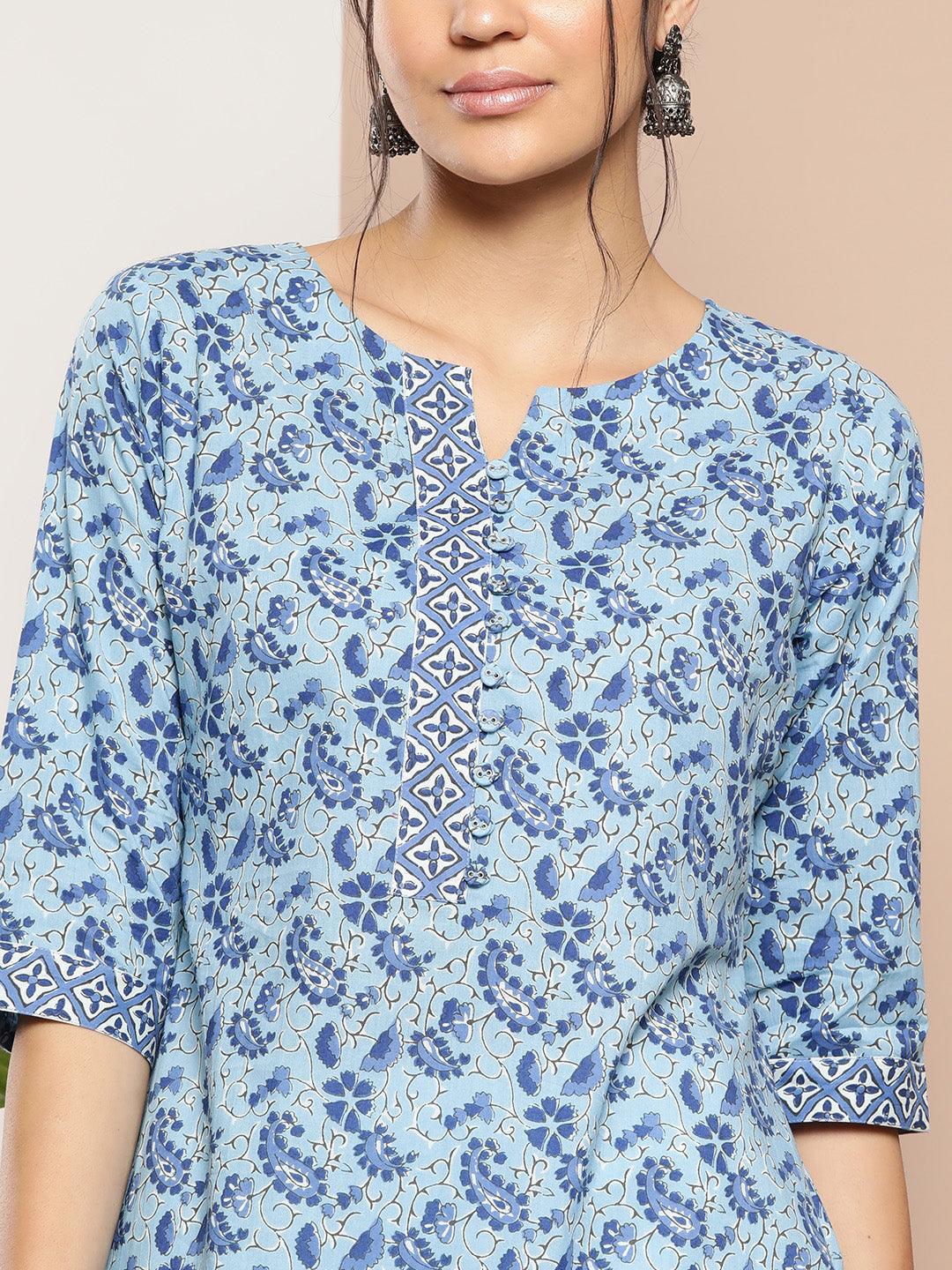 Blue Printed Cotton Straight Kurta - ShopLibas