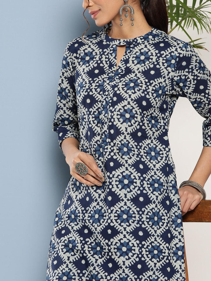 Blue Printed Cotton Straight Kurta