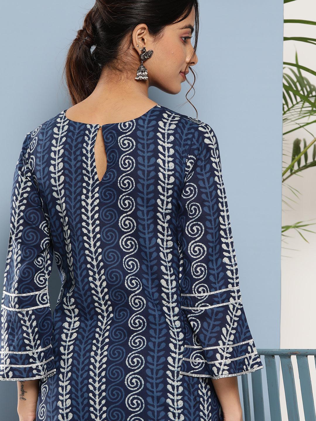Blue Printed Cotton Straight Kurta - ShopLibas