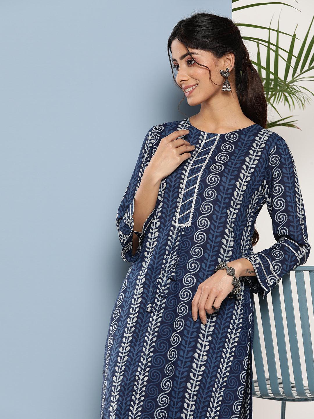 Blue Printed Cotton Straight Kurta - ShopLibas