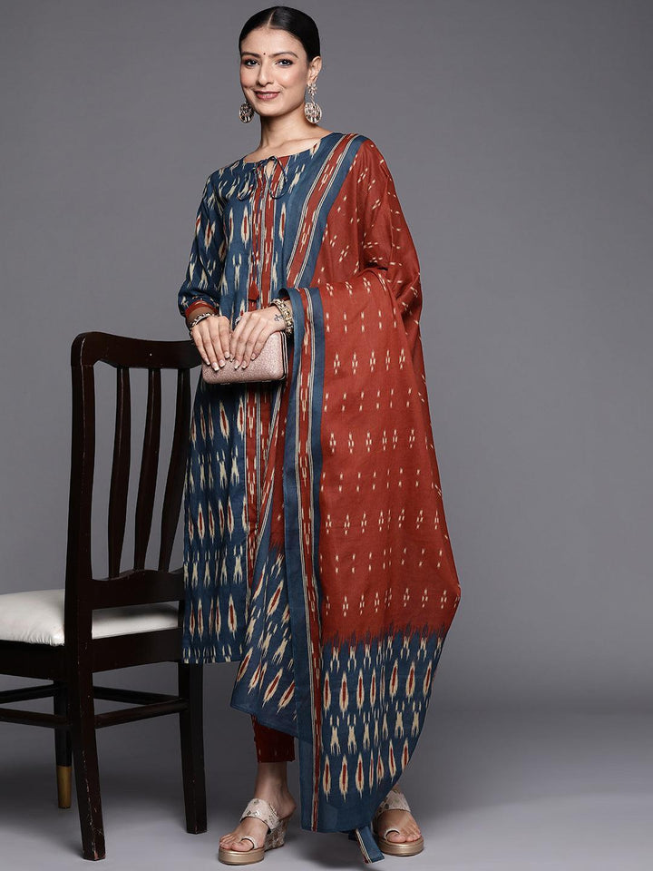 Blue Printed Cotton Straight Suit Set