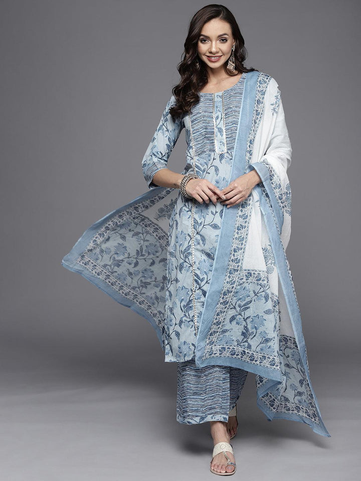 Blue Printed Cotton Straight Suit Set