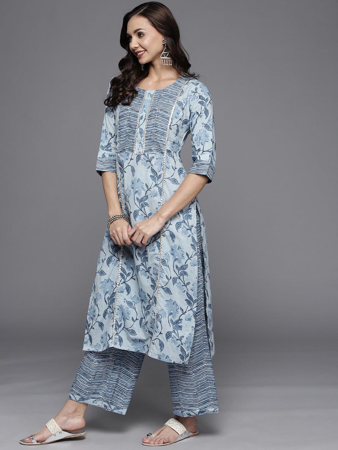 Blue Printed Cotton Straight Suit Set - ShopLibas