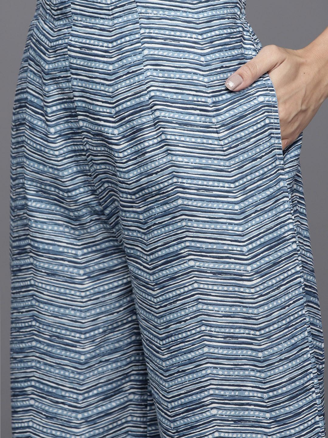 Blue Printed Cotton Straight Suit Set - ShopLibas