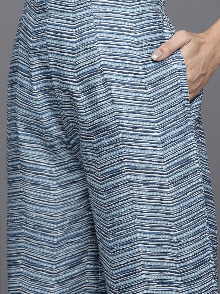 Blue Printed Cotton Straight Suit Set
