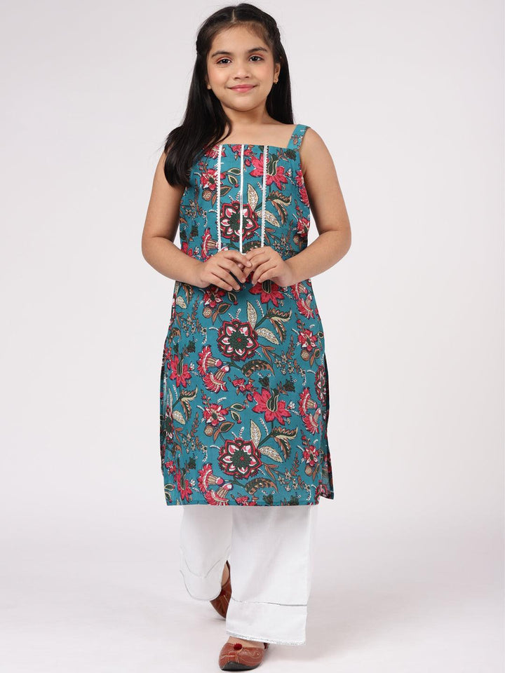 Kids Blue Printed Cotton Straight Kurta Set