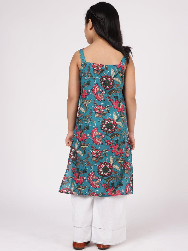 Kids Blue Printed Cotton Straight Kurta Set