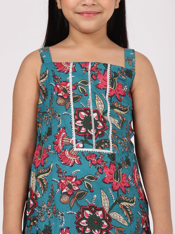 Kids Blue Printed Cotton Straight Kurta Set