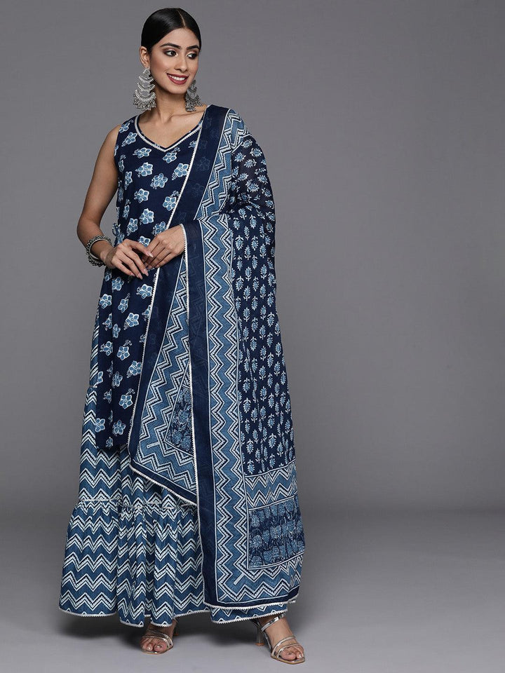 Blue Printed Cotton Straight Kurta With Sharara & Dupatta