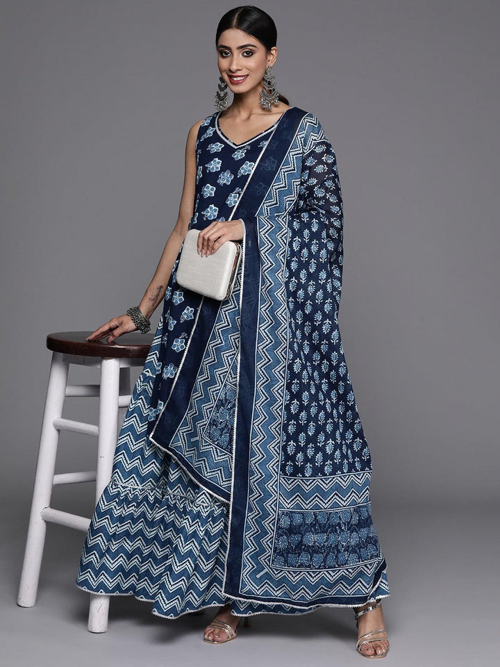 Blue Printed Cotton Straight Kurta With Sharara & Dupatta