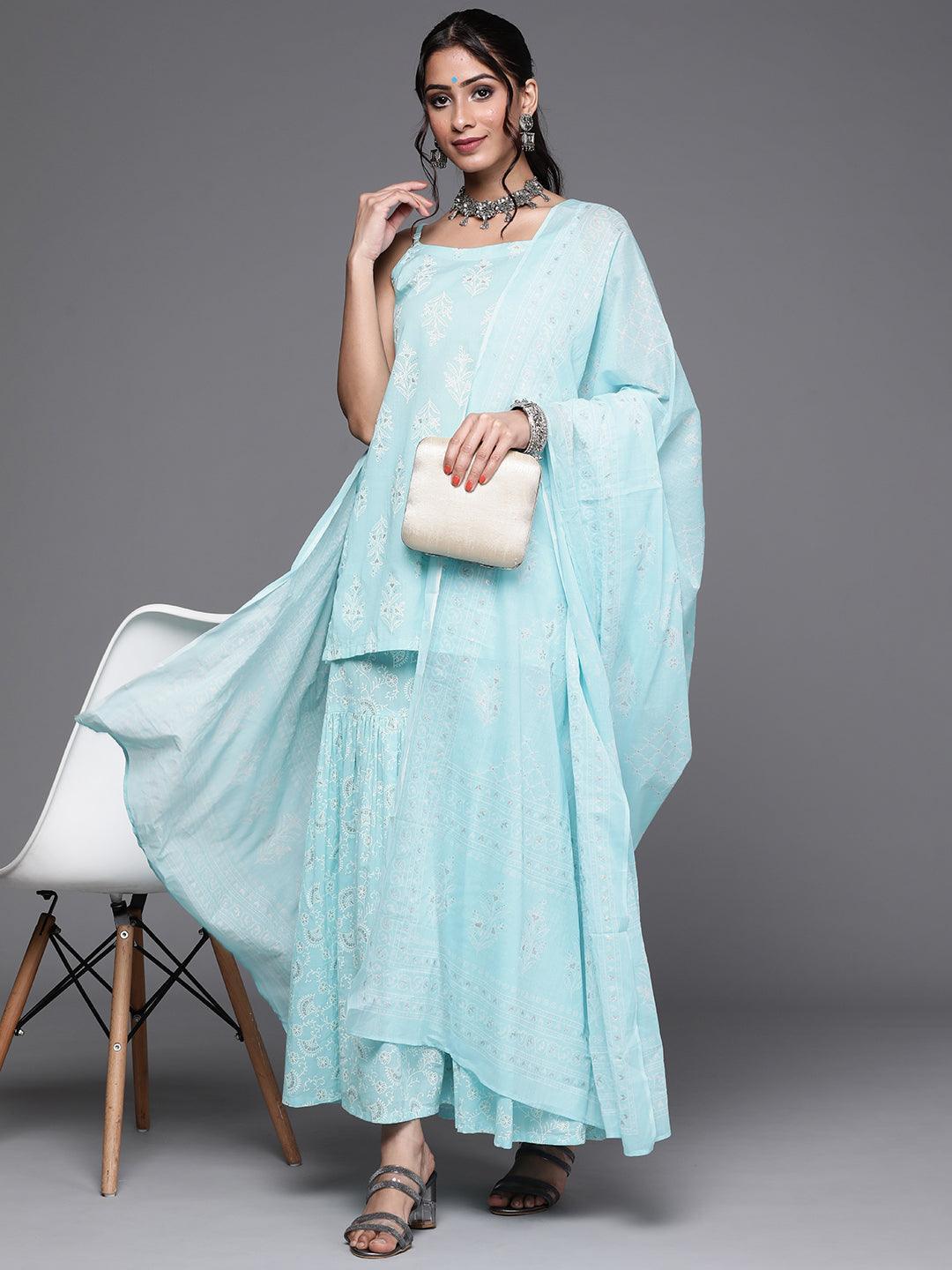 Blue Printed Cotton Suit Set - ShopLibas