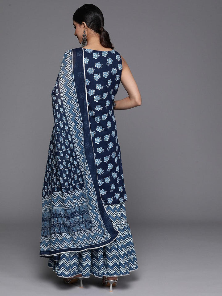 Blue Printed Cotton Straight Kurta With Sharara & Dupatta