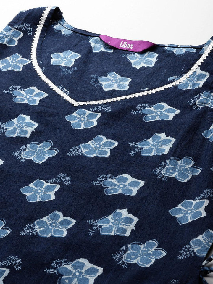 Blue Printed Cotton Straight Kurta With Sharara & Dupatta