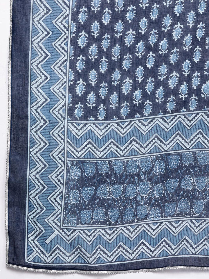Blue Printed Cotton Straight Kurta With Sharara & Dupatta