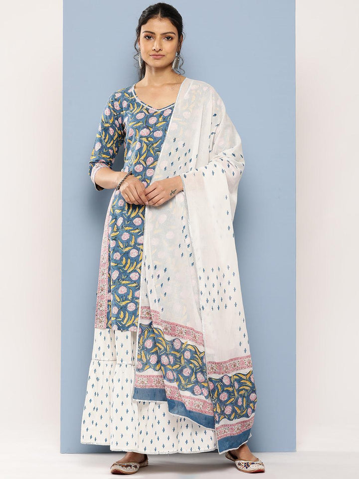 Blue Printed Cotton Straight Kurta With Skirt & Dupatta