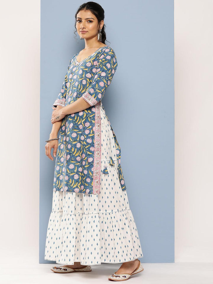 Blue Printed Cotton Straight Kurta With Skirt & Dupatta