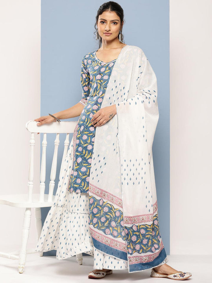Blue Printed Cotton Straight Kurta With Skirt & Dupatta