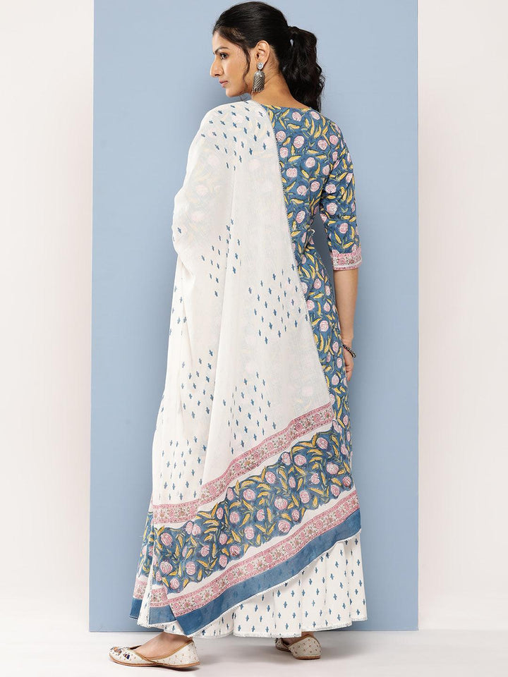 Blue Printed Cotton Straight Kurta With Skirt & Dupatta