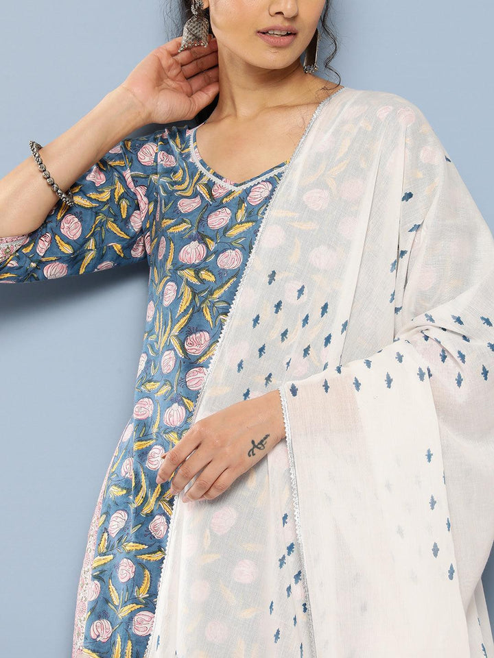 Blue Printed Cotton Straight Kurta With Skirt & Dupatta