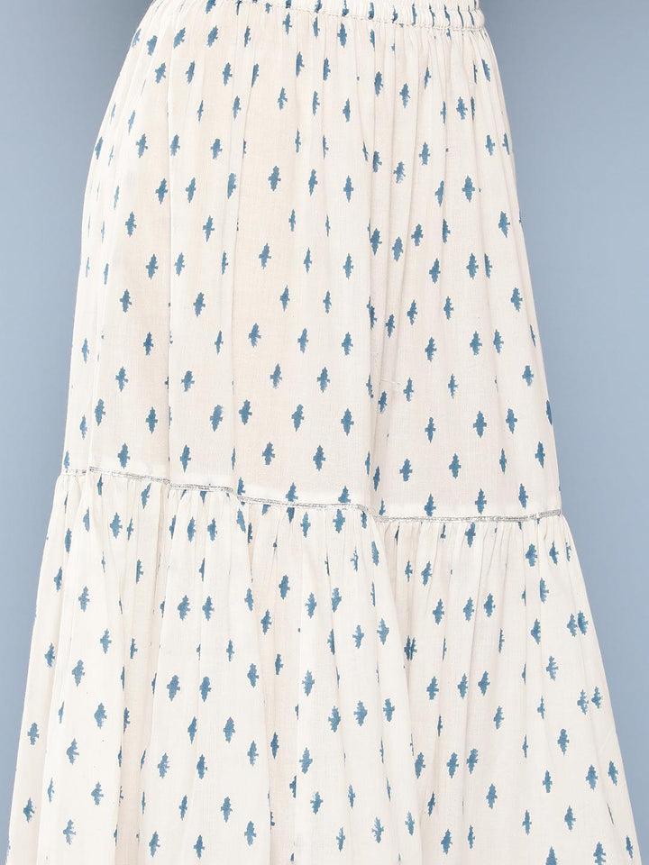 Blue Printed Cotton Straight Kurta With Skirt & Dupatta