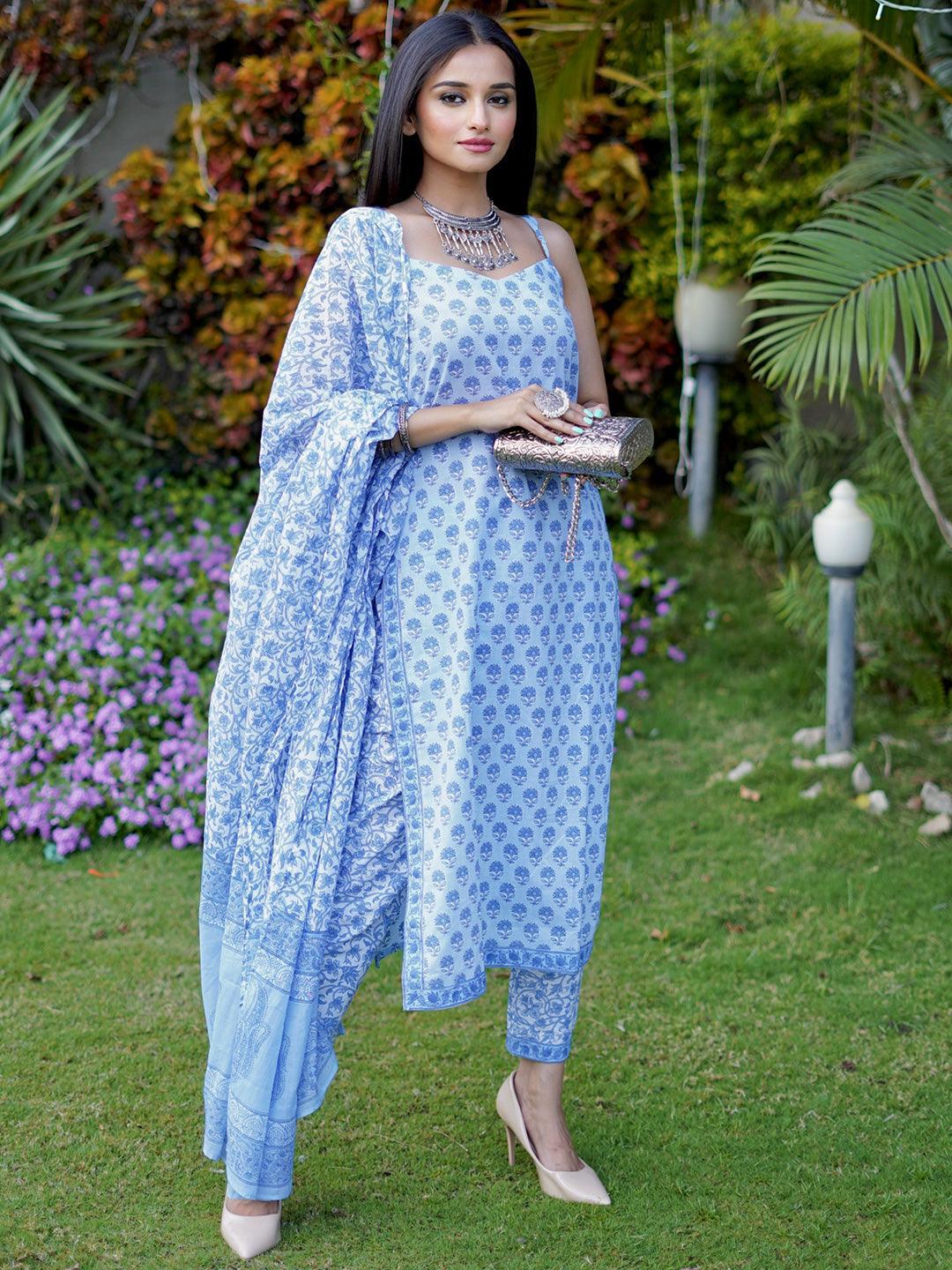 Blue Printed Cotton Straight Suit Set With Trousers - ShopLibas