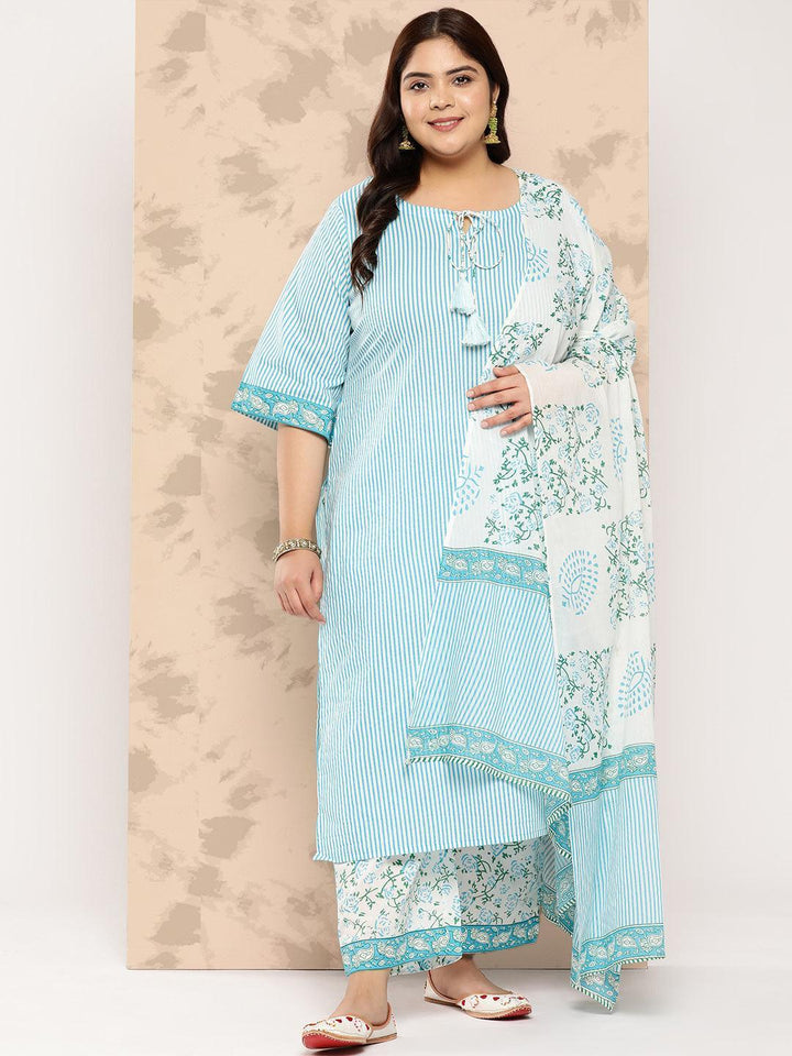 Blue Printed Cotton Straight Kurta With Trousers and Dupatta