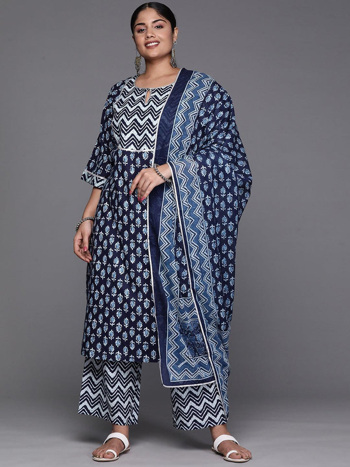 Blue Printed Cotton Straight Kurta With Trousers and Dupatta