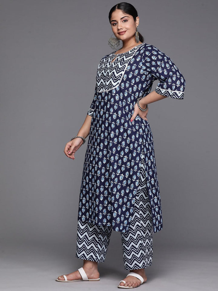 Blue Printed Cotton Straight Kurta With Trousers and Dupatta