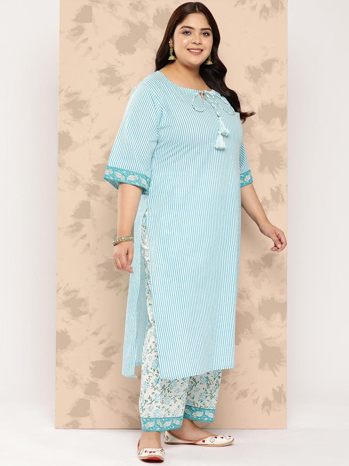 Blue Printed Cotton Straight Kurta With Trousers and Dupatta