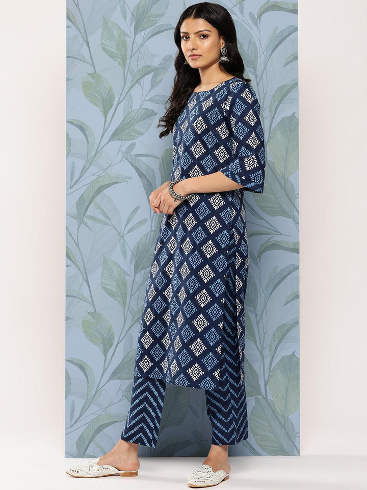Blue Printed Cotton Straight Kurta With Trousers & Dupatta