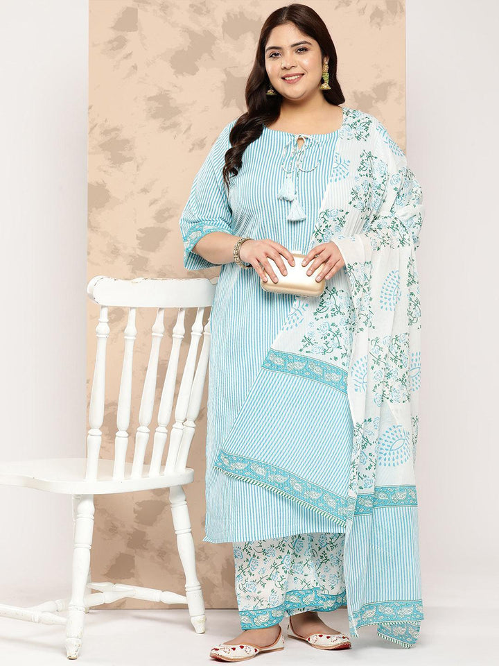 Blue Printed Cotton Straight Kurta With Trousers and Dupatta