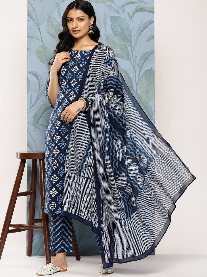 Blue Printed Cotton Straight Kurta With Trousers & Dupatta