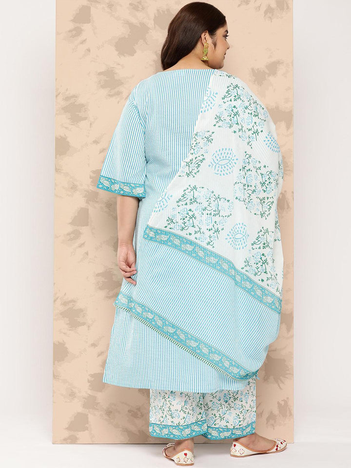 Blue Printed Cotton Straight Kurta With Trousers and Dupatta