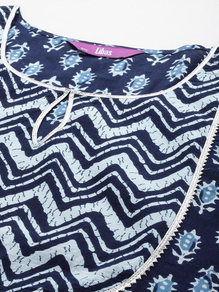 Blue Printed Cotton Straight Kurta With Trousers and Dupatta