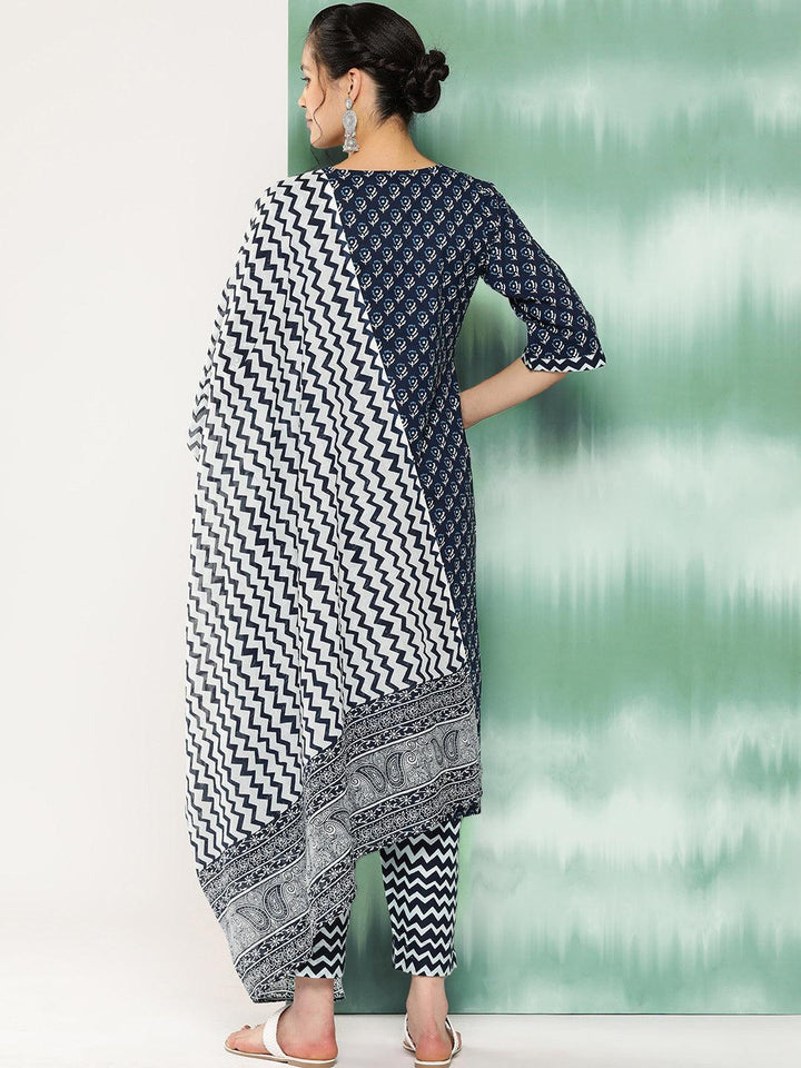 Blue Printed Cotton Straight Kurta With Trousers and Dupatta