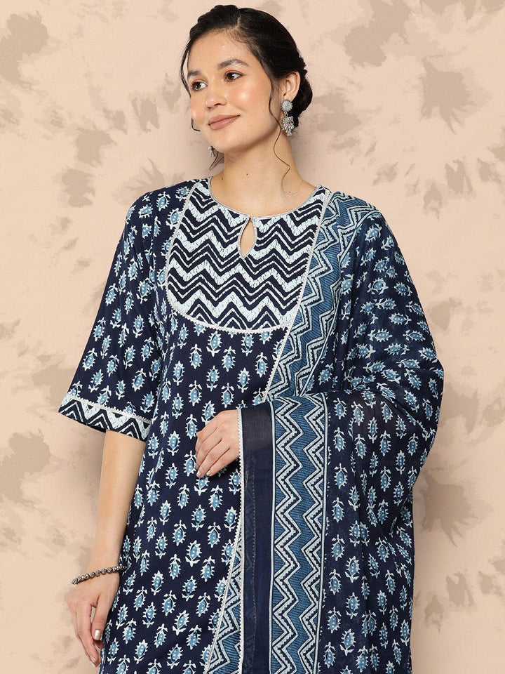 Blue Printed Cotton Straight Kurta With Trousers and Dupatta