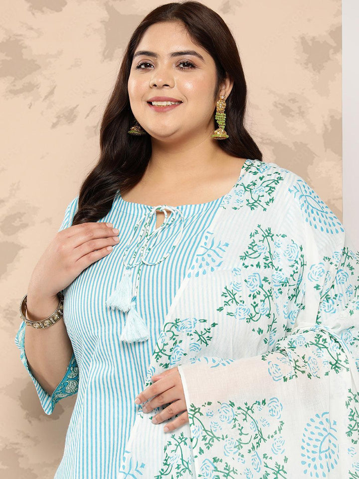 Blue Printed Cotton Straight Kurta With Trousers and Dupatta
