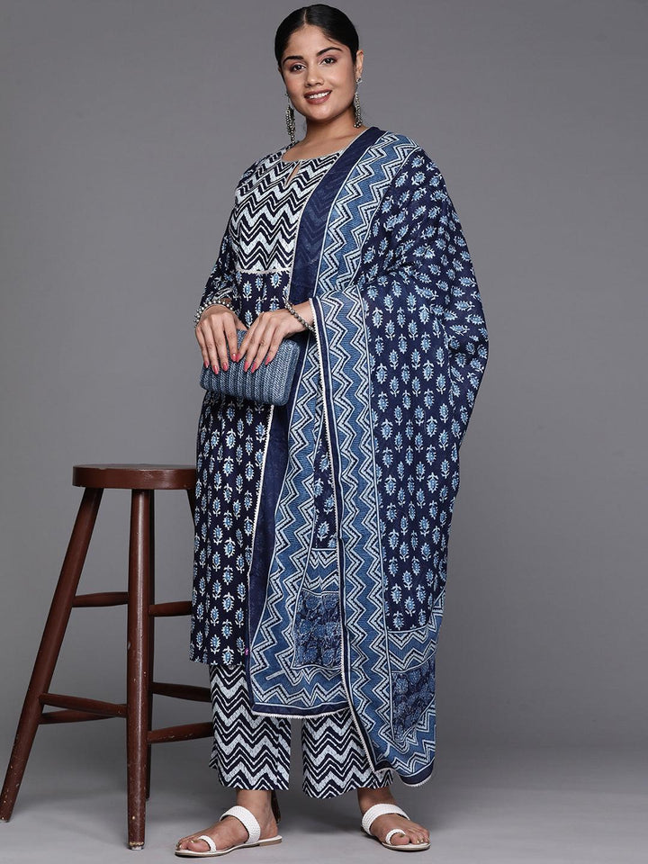 Blue Printed Cotton Straight Kurta With Trousers and Dupatta
