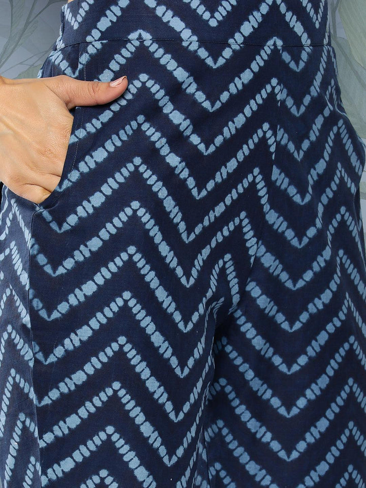 Blue Printed Cotton Straight Kurta With Trousers & Dupatta