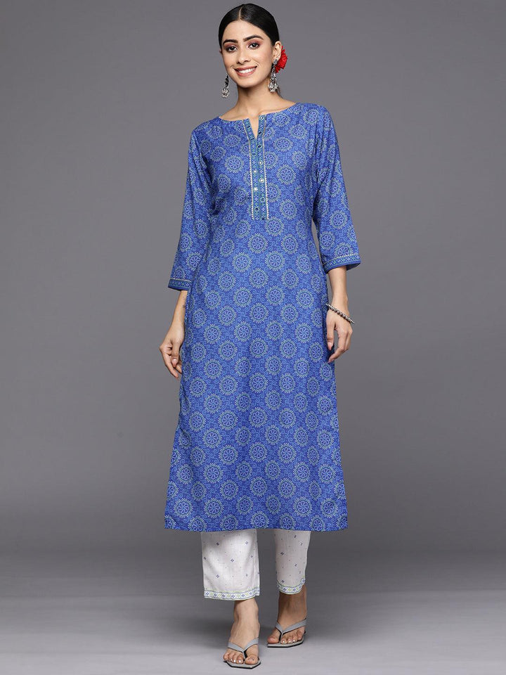 Blue Printed Cotton Straight Kurta Set With Trousers