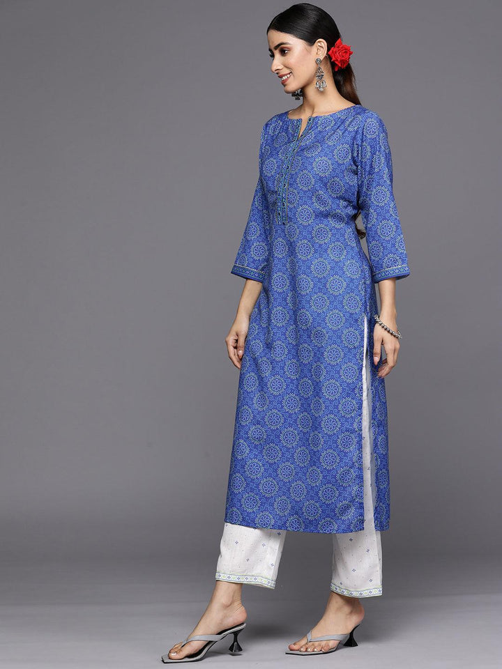 Blue Printed Cotton Straight Kurta Set With Trousers