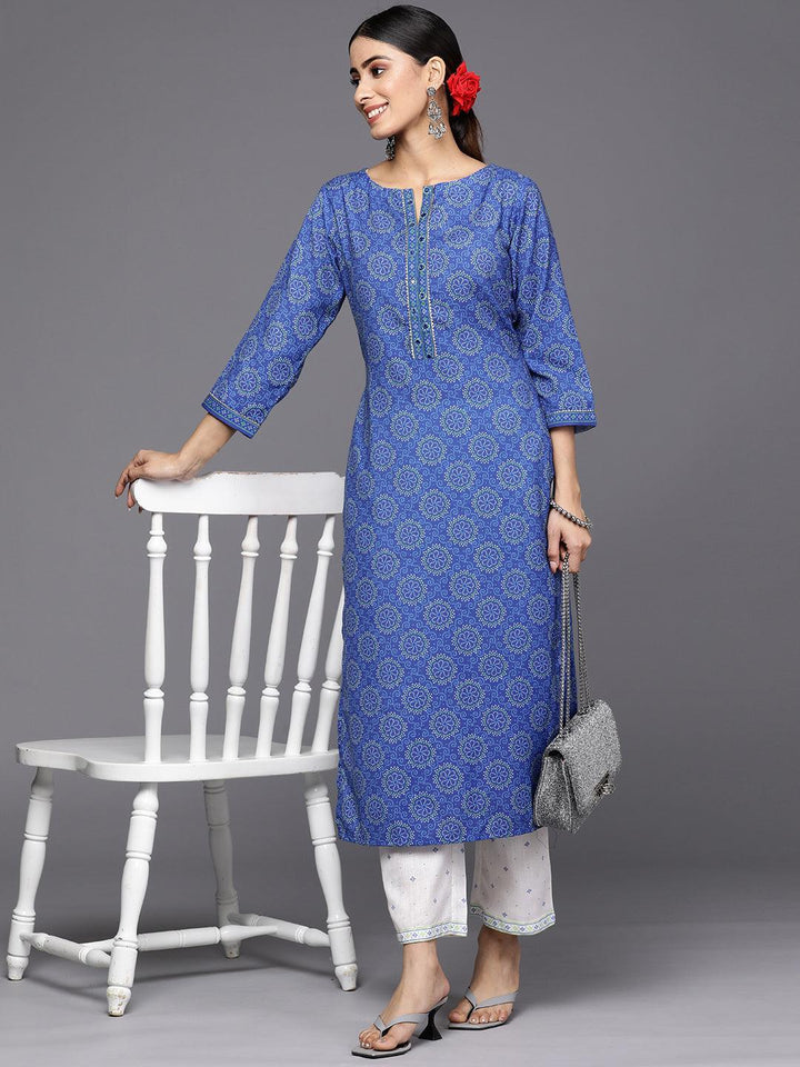 Blue Printed Cotton Straight Kurta Set With Trousers