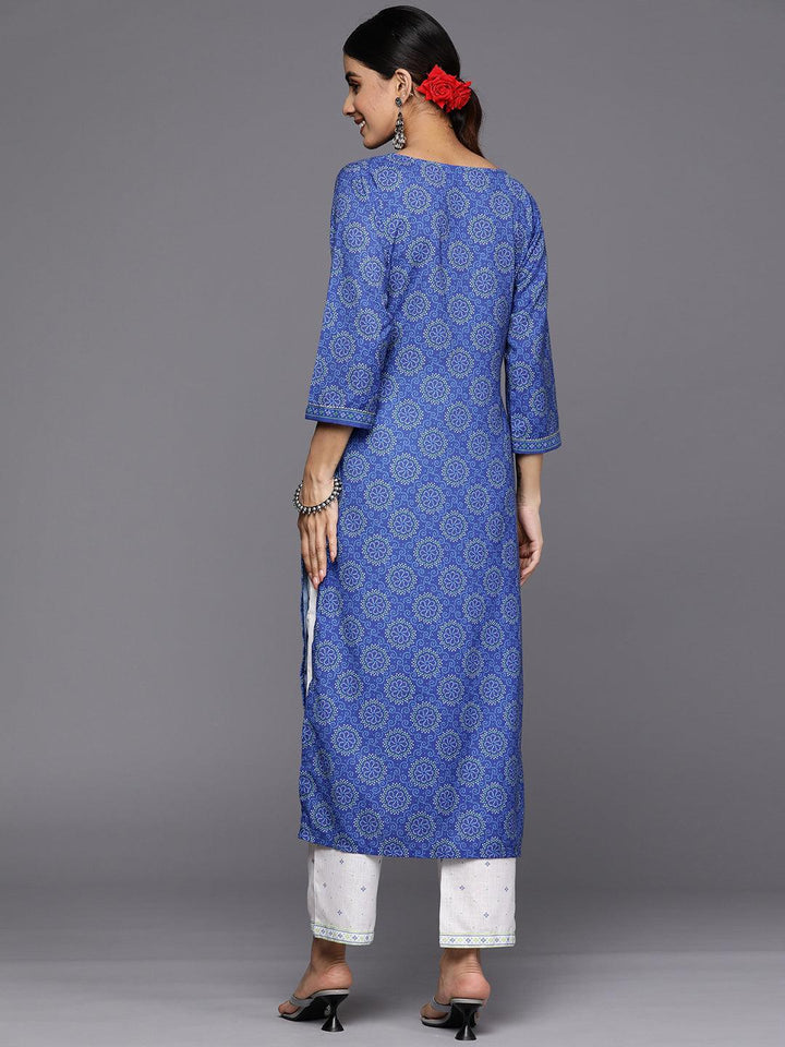 Blue Printed Cotton Straight Kurta Set With Trousers